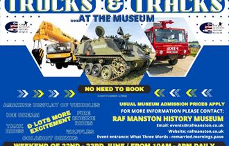 Blue and white background with pictures of tank, fire engine and crane. Yellow writing of details underneath