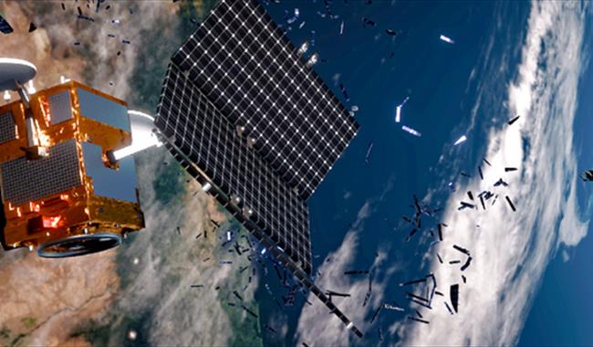Satellite surrounded by space junk floating in space.