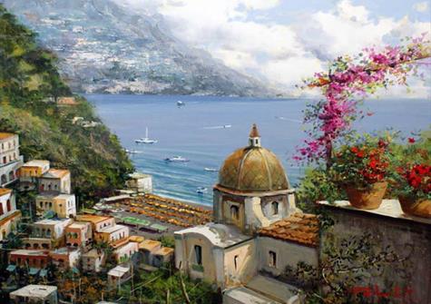 Watercolour painting of the Amalfi coast with lots of stone buildings in the foreground and the sea and sky behind