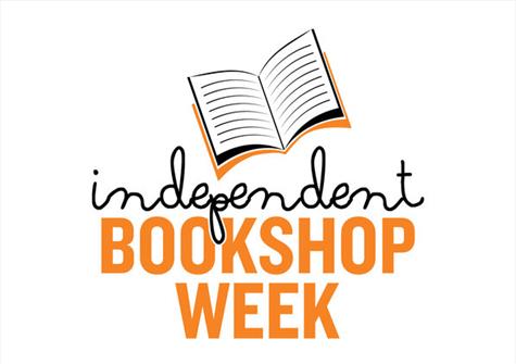 line drawing of a book with independent bookshop week written underneath in black and then orange text