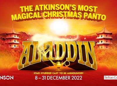 Aladdin is in gold text on a red landscape background. Above is yellow text which reads The Atkinson's Most Magical Christmas Panto. The dates read 8 