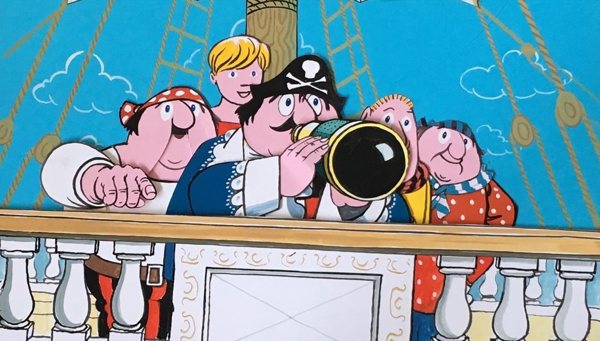 Animation for BBC TV. Left to right: the Mate, Tom the Cabin Boy, Captain Pugwash, Pirates Barnabus and Willy. Copyright Estate of John Ryan.