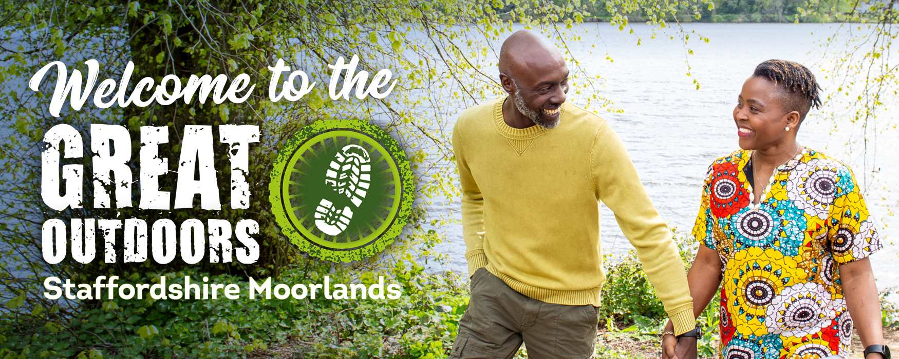 Welcome to the Great Outdoors in Staffordshire Moorlands. Man and woman holding hands walking by a lake.