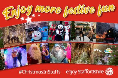 Enjoy more festive fun this Christmas in Staffordshire. Graphic promoting Christmas things to do. Click to find out more.