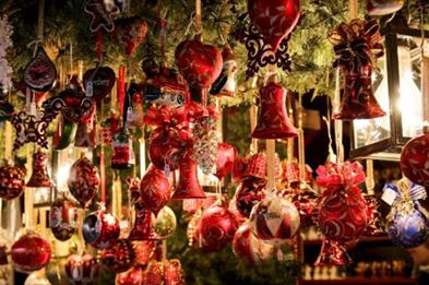 A selection of festive decorations on a market stall