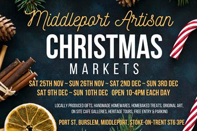Image shows a graphic with the dates and times of Middleport Pottery's Christmas Markets, plus details of the products on offer