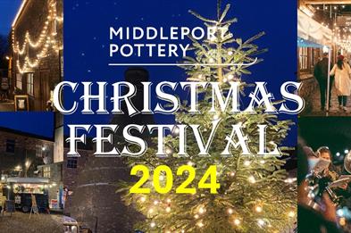 A collage of images of Middleport Pottery at Christmas, including a huge Christmas tree next to a bottle oven