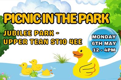image of a poster for Picnic in the Park, with ducks, tress and a river.