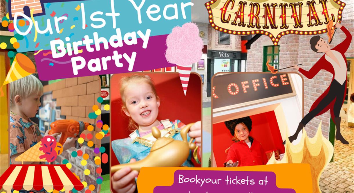 A promo for the 1st birthday party at Adventure Mini Village, featuring a collage of children enjoying themselves, plus dates and contact details