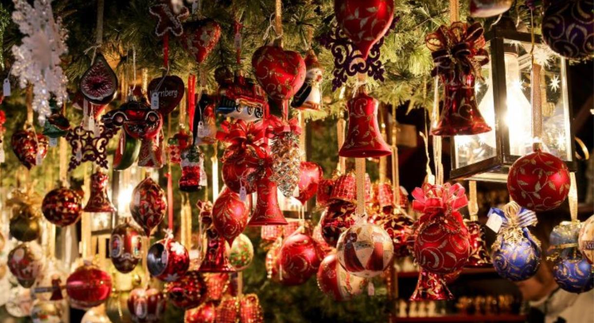 A selection of festive decorations on a market stall