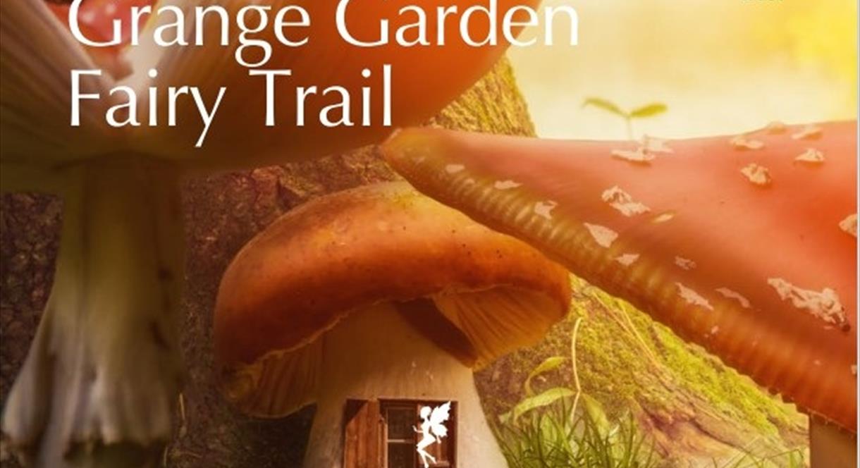 A graphic promoting the fairy trail at Biddulph Grange Garden, Staffordshire, featuring a fairy's tiny toadstool house and a fairy hovering outside th