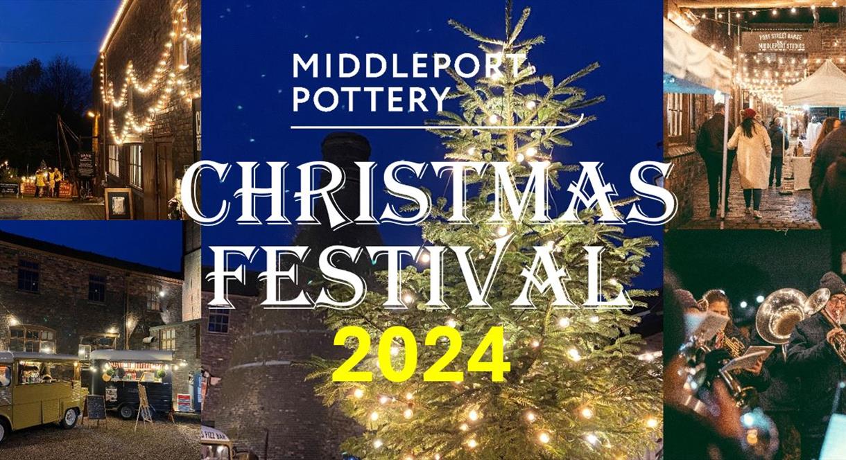 A collage of images of Middleport Pottery at Christmas, including a huge Christmas tree next to a bottle oven