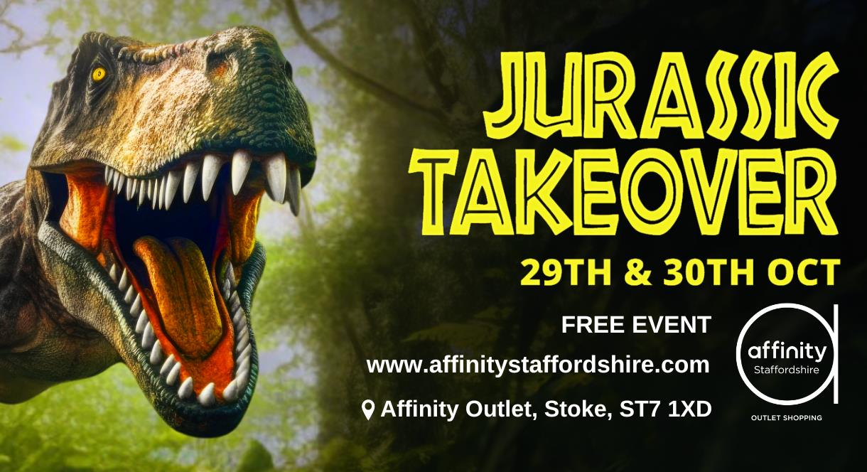 A roaring dinosaur, with 'Jurassic Takeover' and the event details next to it