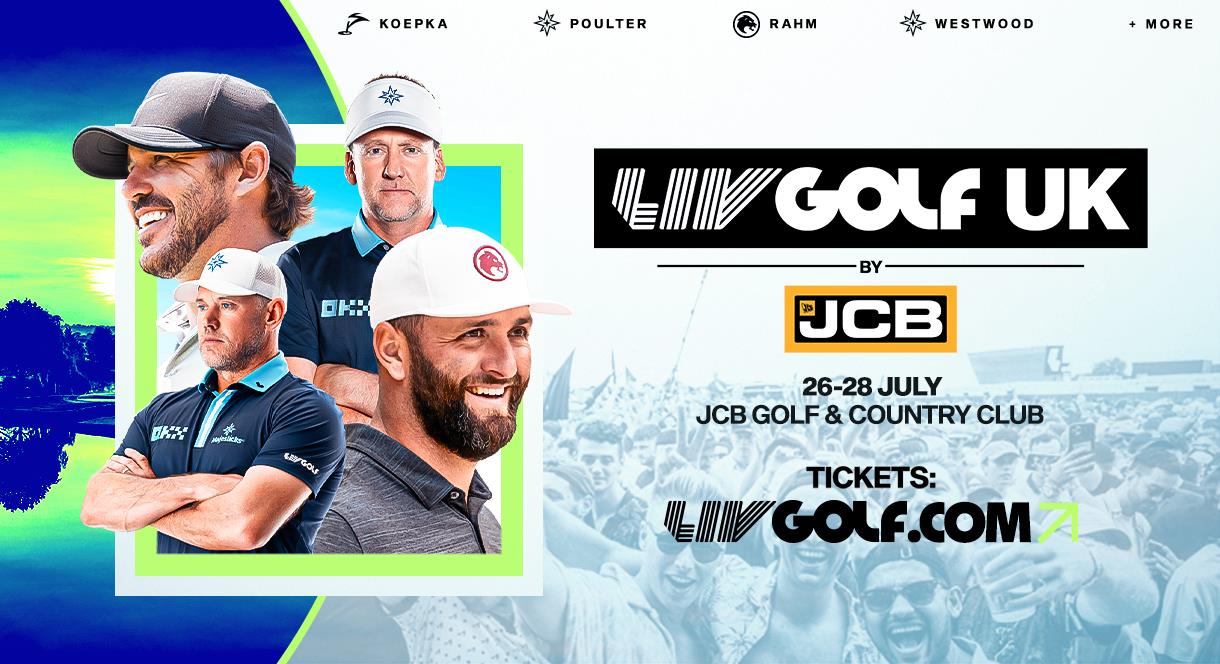 A graphic showing the dates and web address of the LIV Golf UK by JCB event, and featuring some of the golfing superstars who will be competing