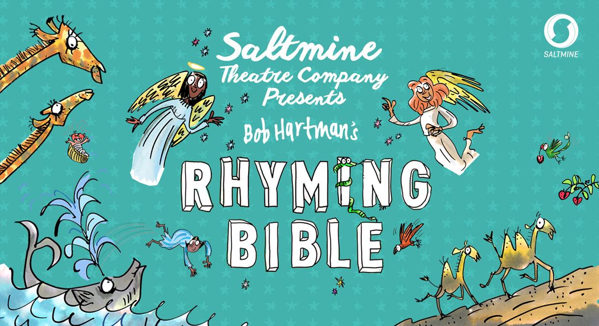 Graphic for the Rhyming Bible featuring cartoon drawings of whales, camels, giraffes and angels