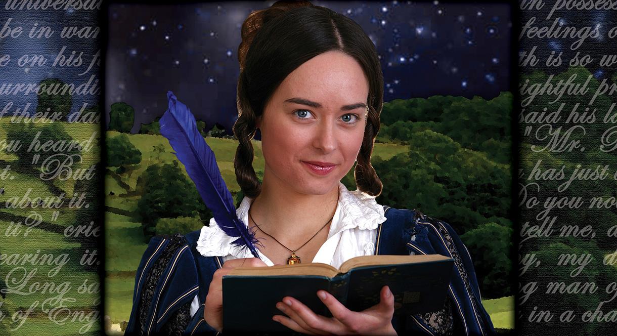 A costumed Jane Austen character, writing in a book with a quill