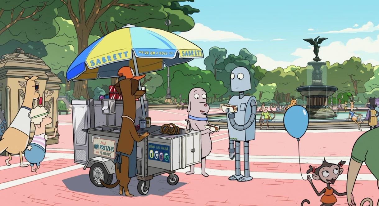 image of cartoon street scene from the film Robot Dreams