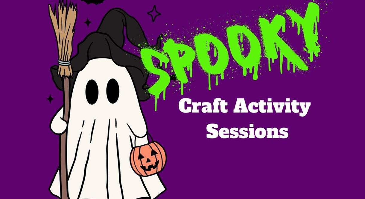 A ghost in a witches' hat, holding a broomstick and pumpkin basket, with 'Spooky Craft Activity Sessions' written next to it