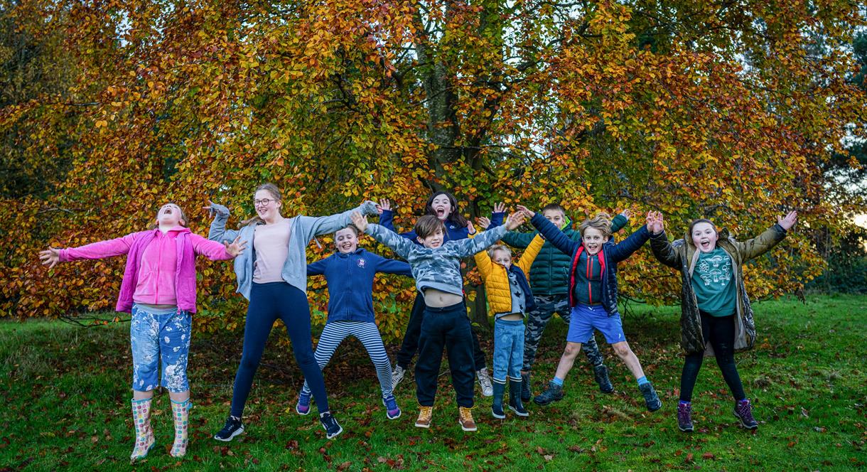 A group of children in a forest clearing jump into the air