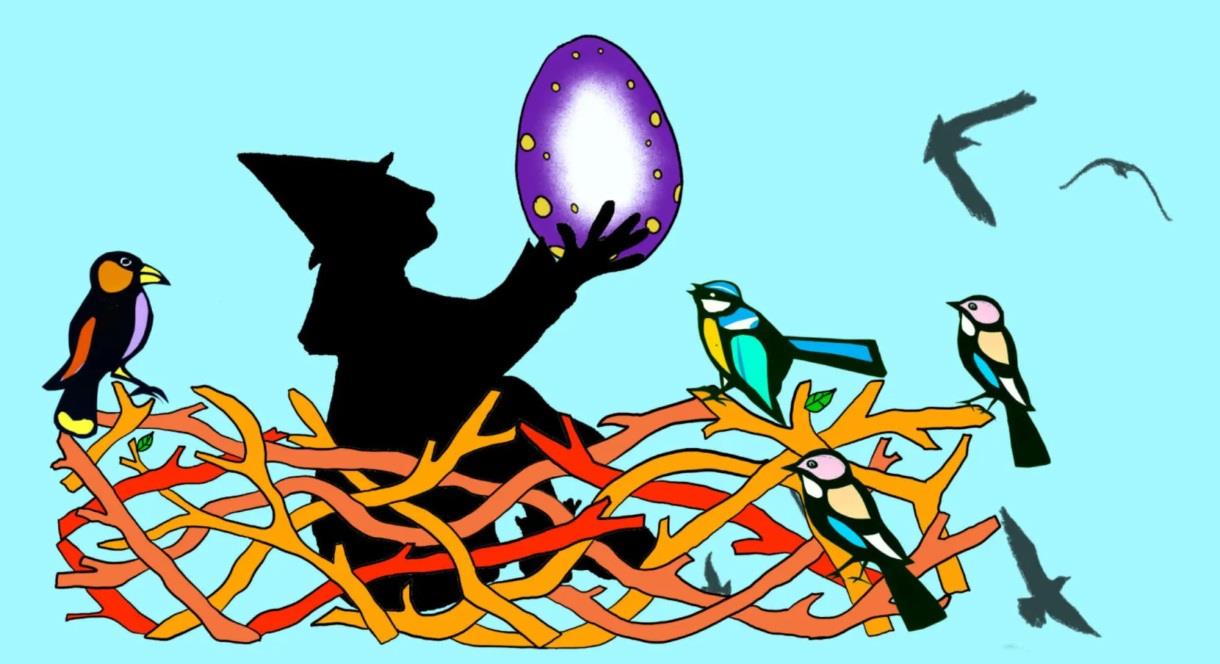 image of a witch holding an egg and surrounded by birds