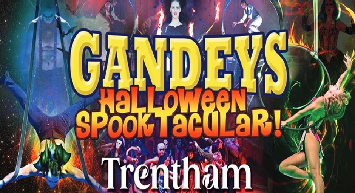 A graphic for the Halloween Spooktacular, with dancers, acrobats and trapeze artists performing incredible stunts