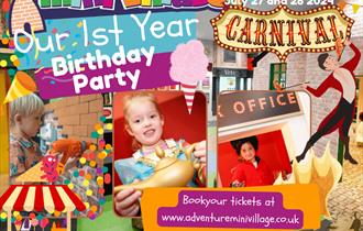 A promo for the 1st birthday party at Adventure Mini Village, featuring a collage of children enjoying themselves, plus dates and contact details