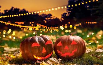 Two spooky carved pumpkins on the ground, surrounded by Autumn leaves and lighting