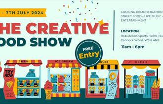 Image shows a graphic for The Creative Food Show, featuring dates, times, venue, and attractions