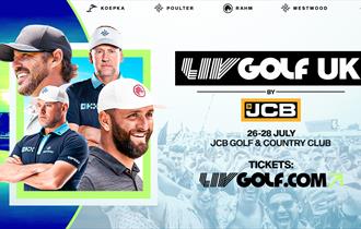 A graphic showing the dates and web address of the LIV Golf UK by JCB event, and featuring some of the golfing superstars who will be competing