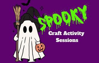 A ghost in a witches' hat, holding a broomstick and pumpkin basket, with 'Spooky Craft Activity Sessions' written next to it