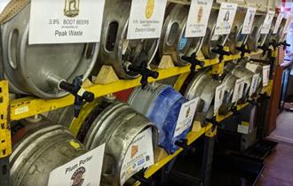 Beer barrels on shelves for the Mayfield Beer Festival