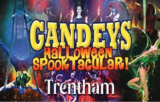 A graphic for the Halloween Spooktacular, with dancers, acrobats and trapeze artists performing incredible stunts