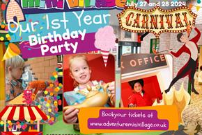A promo for the 1st birthday party at Adventure Mini Village, featuring a collage of children enjoying themselves, plus dates and contact details