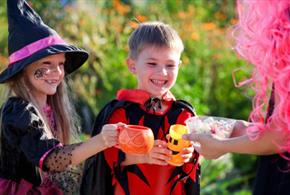 Children in Halloween costumes collecting some sweets