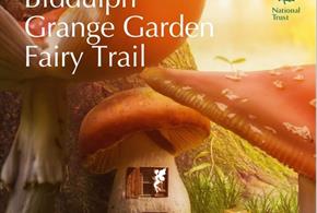 A graphic promoting the fairy trail at Biddulph Grange Garden, Staffordshire, featuring a fairy's tiny toadstool house and a fairy hovering outside th