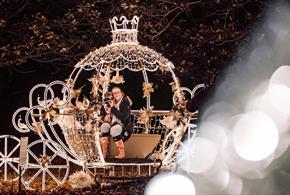 A beautiful carriage, covered in Christmas lights, with a family inside it