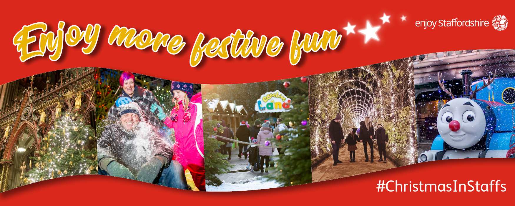 Enjoy more festive fun this Christmas in Staffordshire. Graphic with montage of Christmas event images.