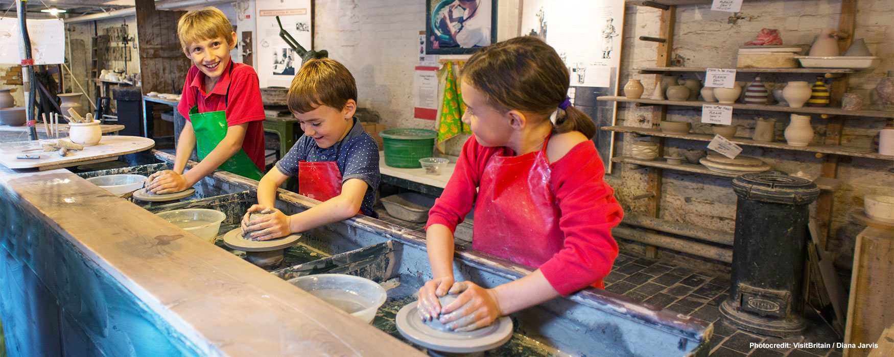 Children using Potters Wheel to throw clay pots at Gladstone Pottery Museum