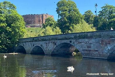 The historic town of Tamworth, Staffordshire with bridge crossing the river and Tamworth Castle. Image courtesy Tammy Kerr.