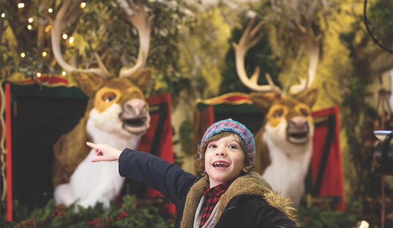 Boy pointing to animated signing reindeer puppets at Trentham Shopping Village