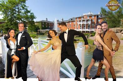 Image shows dancers in various poses, superimposed onto a photo of the Alton Towers Hotel