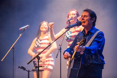 Image shows a Neil Diamond tribute performing on stage with his backing singers