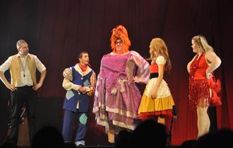 Image shows actors, in costume, on stage performing in panto