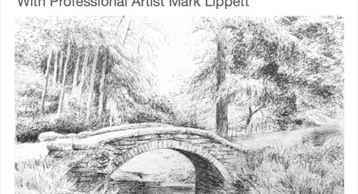 A drawing of a bridge crossing a river in the countryside