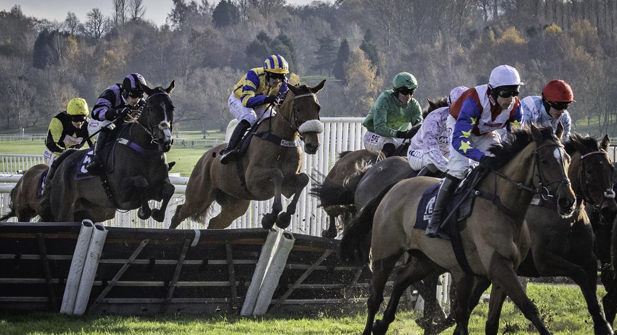 Horses clear one of the jumps at Uttoxeter Racecourse, Staffordshire