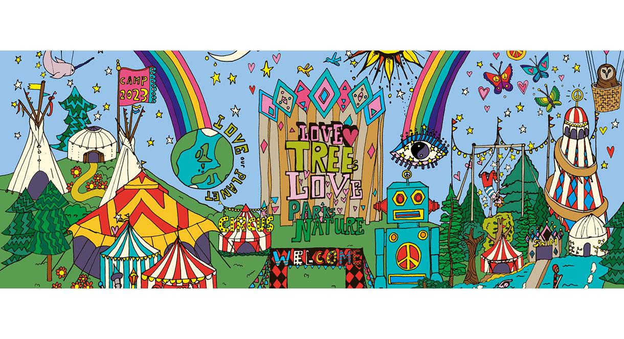 Graphic illustration of the Camp Bestival family festival event