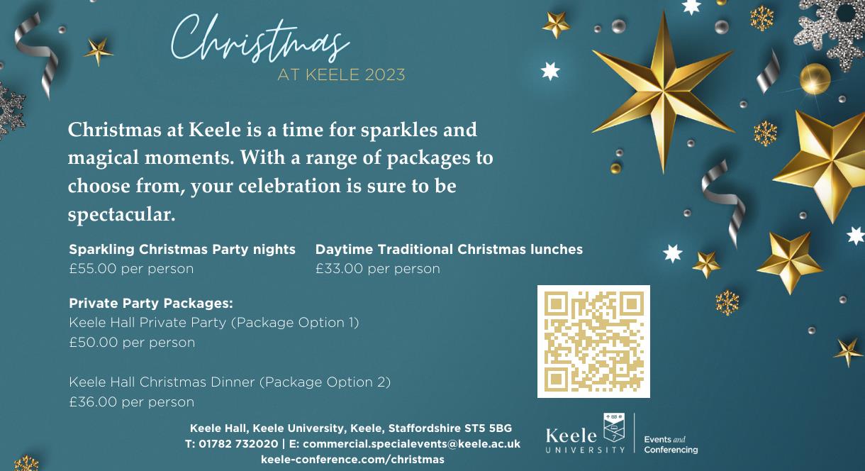 Image shows details of the Christmas Party Nights at Keele Hall, including prices
