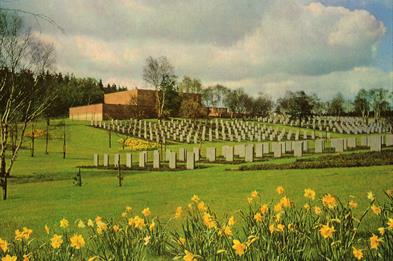 Image shows a cemetery on a sunny day, with rows of graves, daffodils in the foreground, and a building in the background