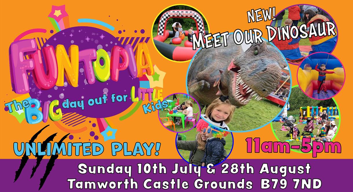 A graphic for Funtopia, at Tamworth Castle Grounds, 10th July and 28th August.