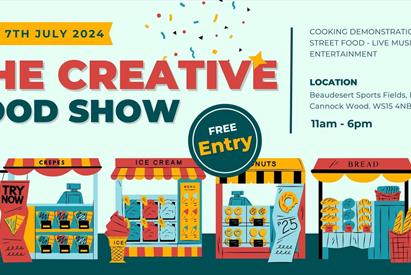 Image shows a graphic for The Creative Food Show, featuring dates, times, venue, and attractions